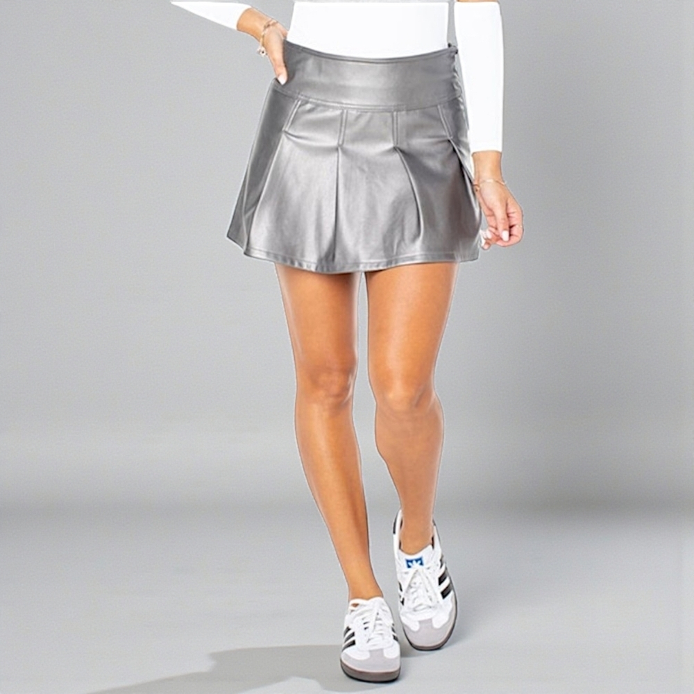Celebrity Pink Women's Faux Leather Pleated Mini Skirt Metallic Gunmetal XL